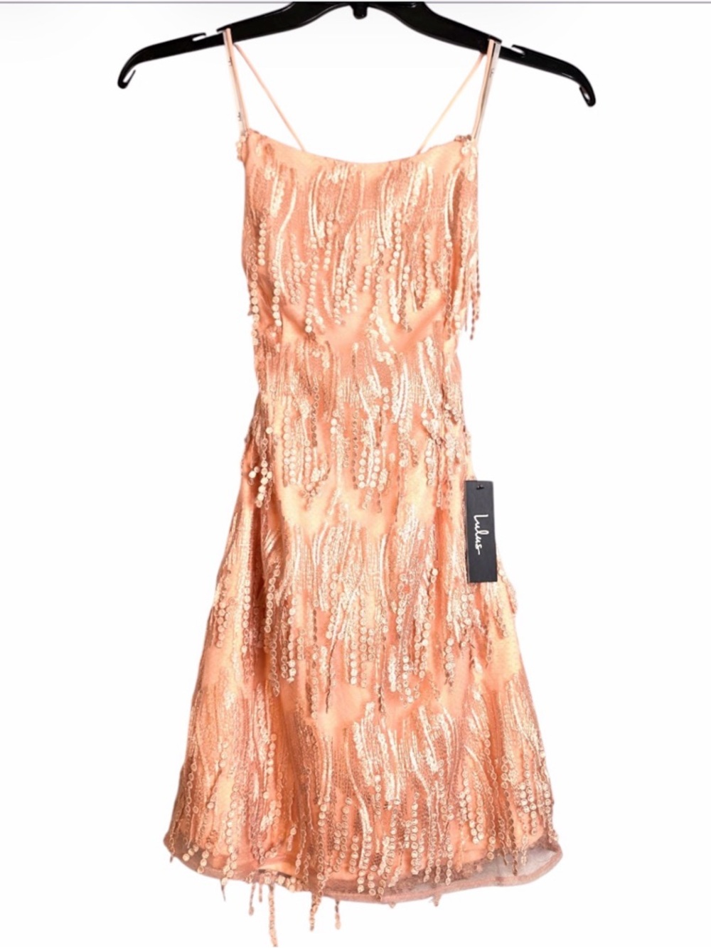 Lulus Sequin Fringe Lace Up Back Mini Dress Peach Blush NWT L - Picture 3 of 12